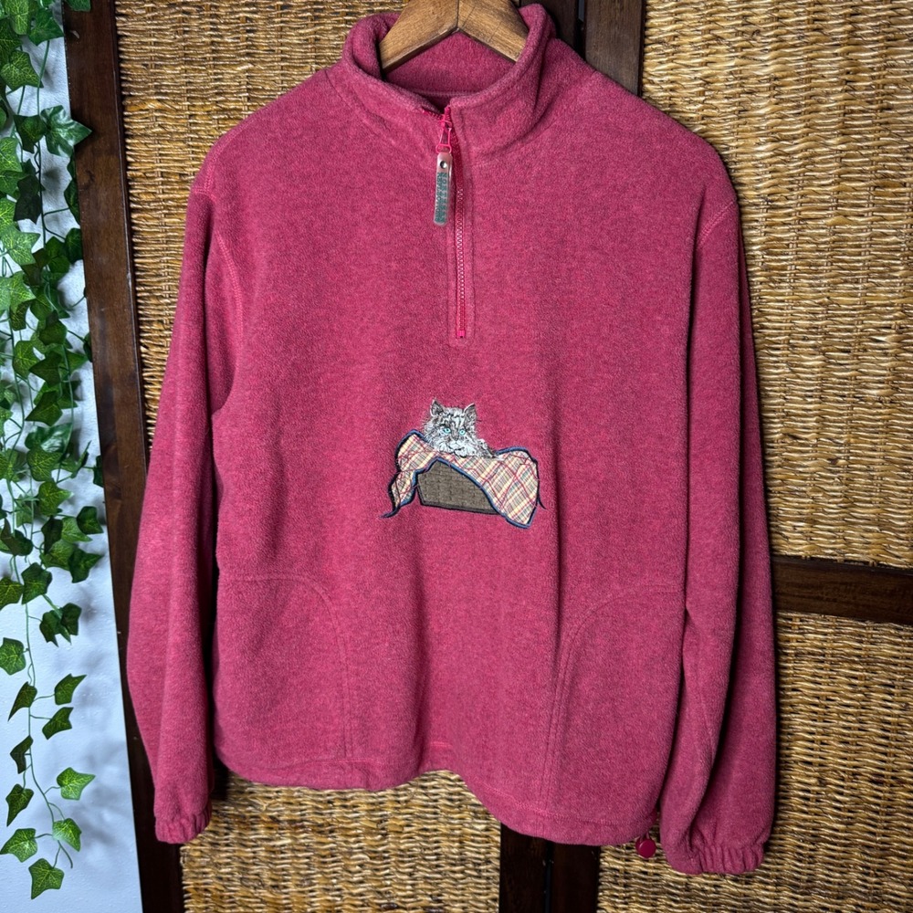 Northern Reflections Embroidered Cat CottageCore Fleece Quarter Zip Pullover S